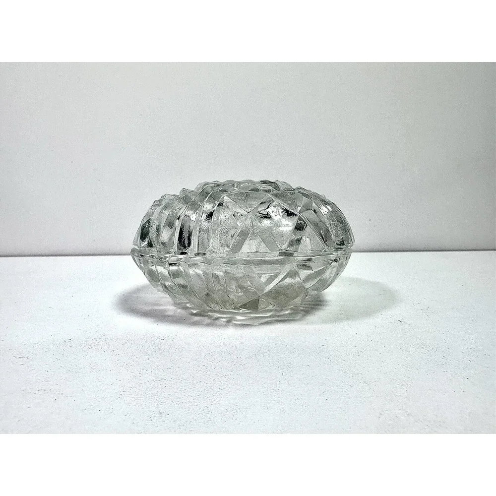 Vintage Cut Crystal Glass Round Trinket Dish With Lid Star Pattern Jewellery Box